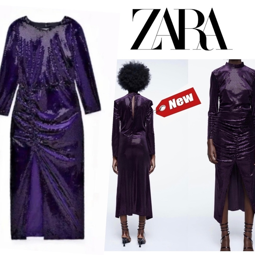 Zara Festive Days purple sparkly sequin velvet ruched longsleeve dress Sz S NWT